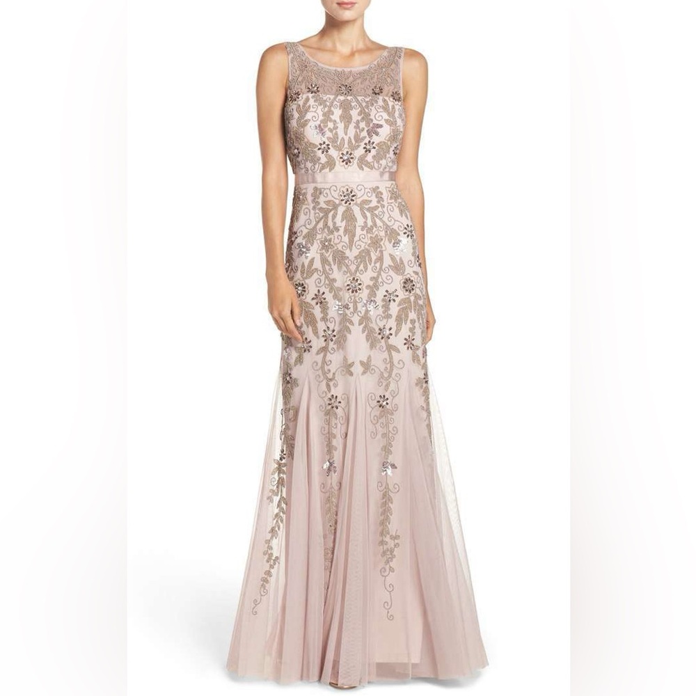 Adrianna Papell Icy Lilac Beaded Illusion Yoke Gown Formal Dress